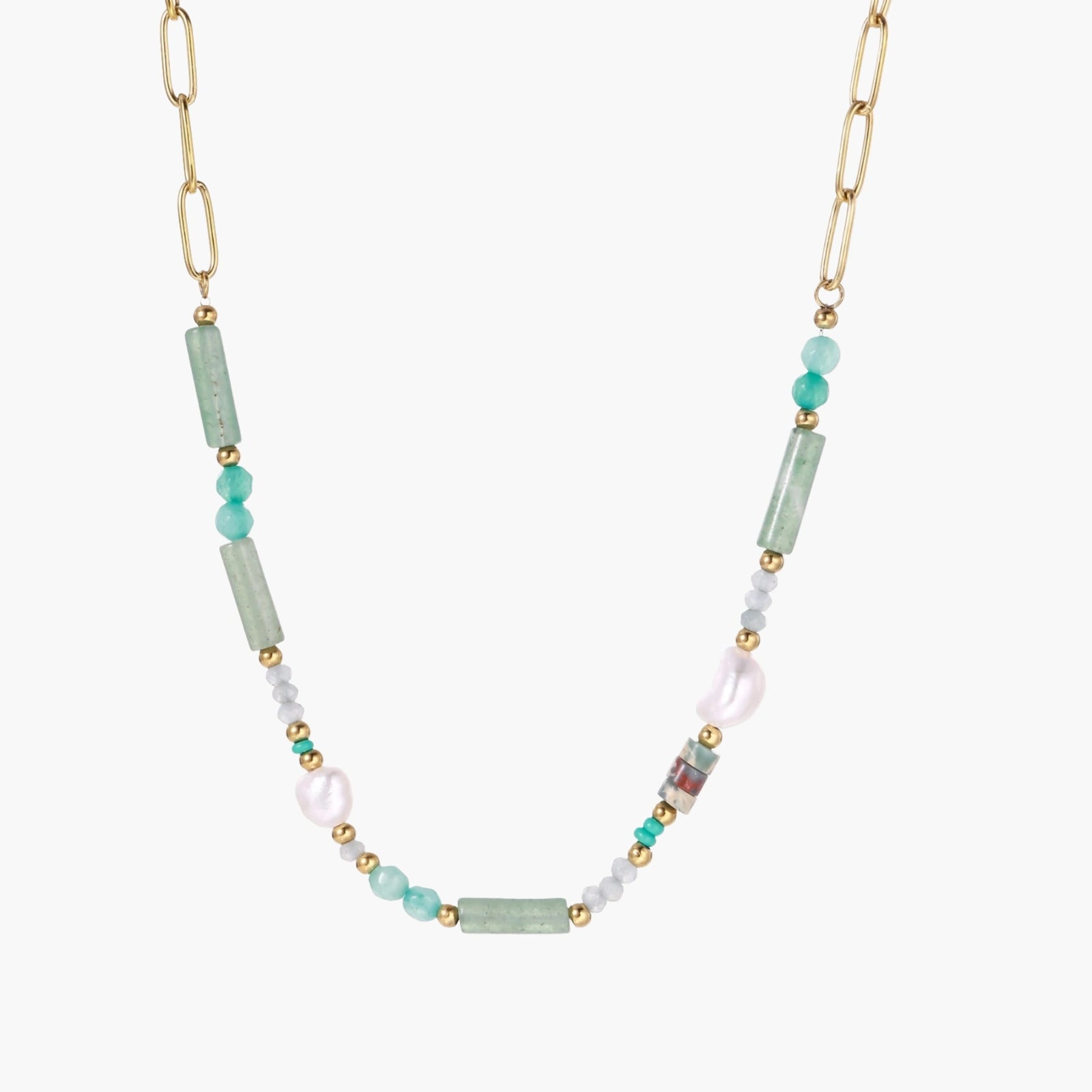 Gold chain necklace with seafoam green quartz cylinders, turquoise beads, and baroque pearl on cream background